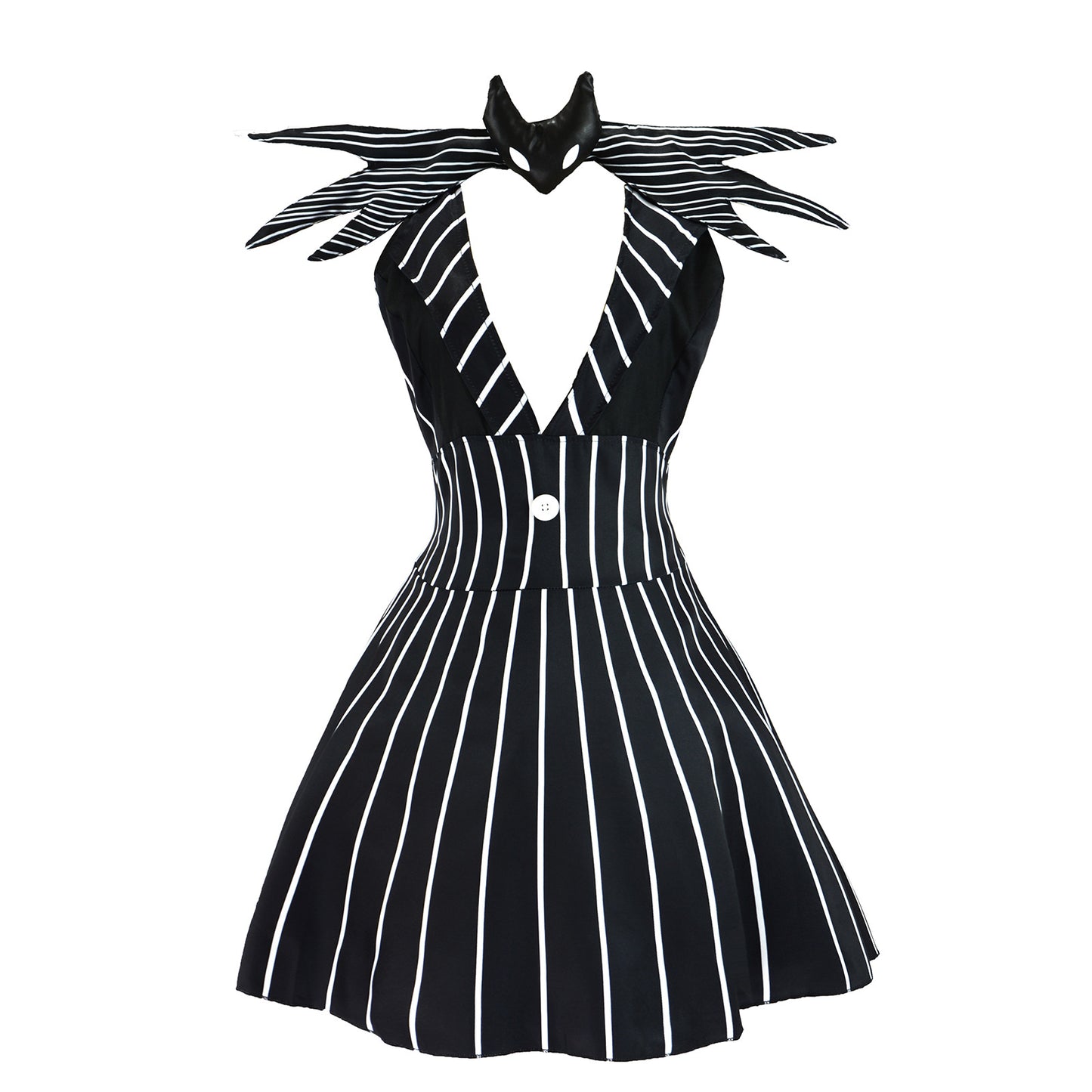 Jack Skellington Gender-Swap Cosplay Dress – The Nightmare Before Christmas | Pinstripe Halter Mini Dress, Bat-Wing Collar & Eye Mask | XS–3XL