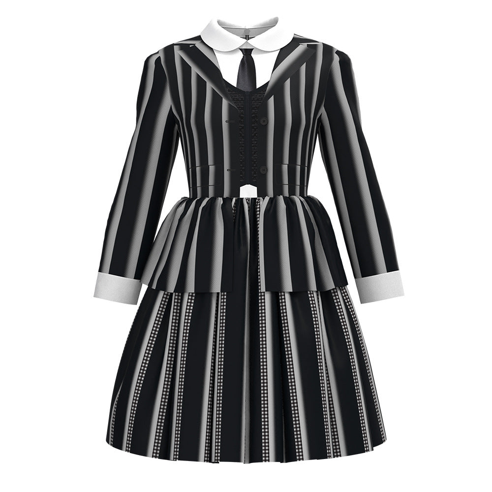 Jiamai New Wednesday Cosplay Costume Adams Family Female Halloween Children's Striped Dress