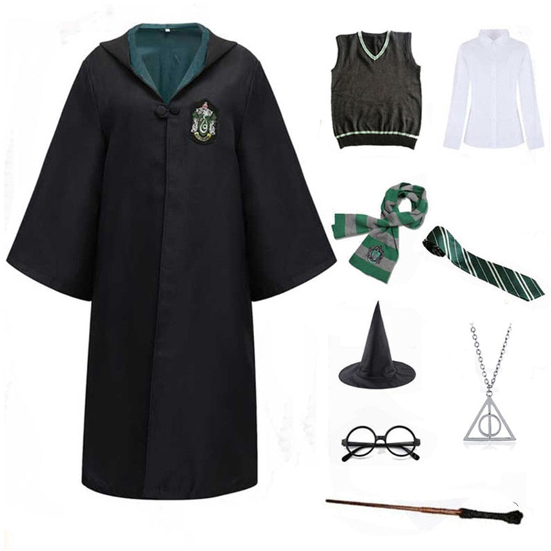 Slytherin Halloween Cosplay Costume  Adult Cloak Robe Tie Scarf Magic Wand Children Suits Cosplay Clothes Accessories