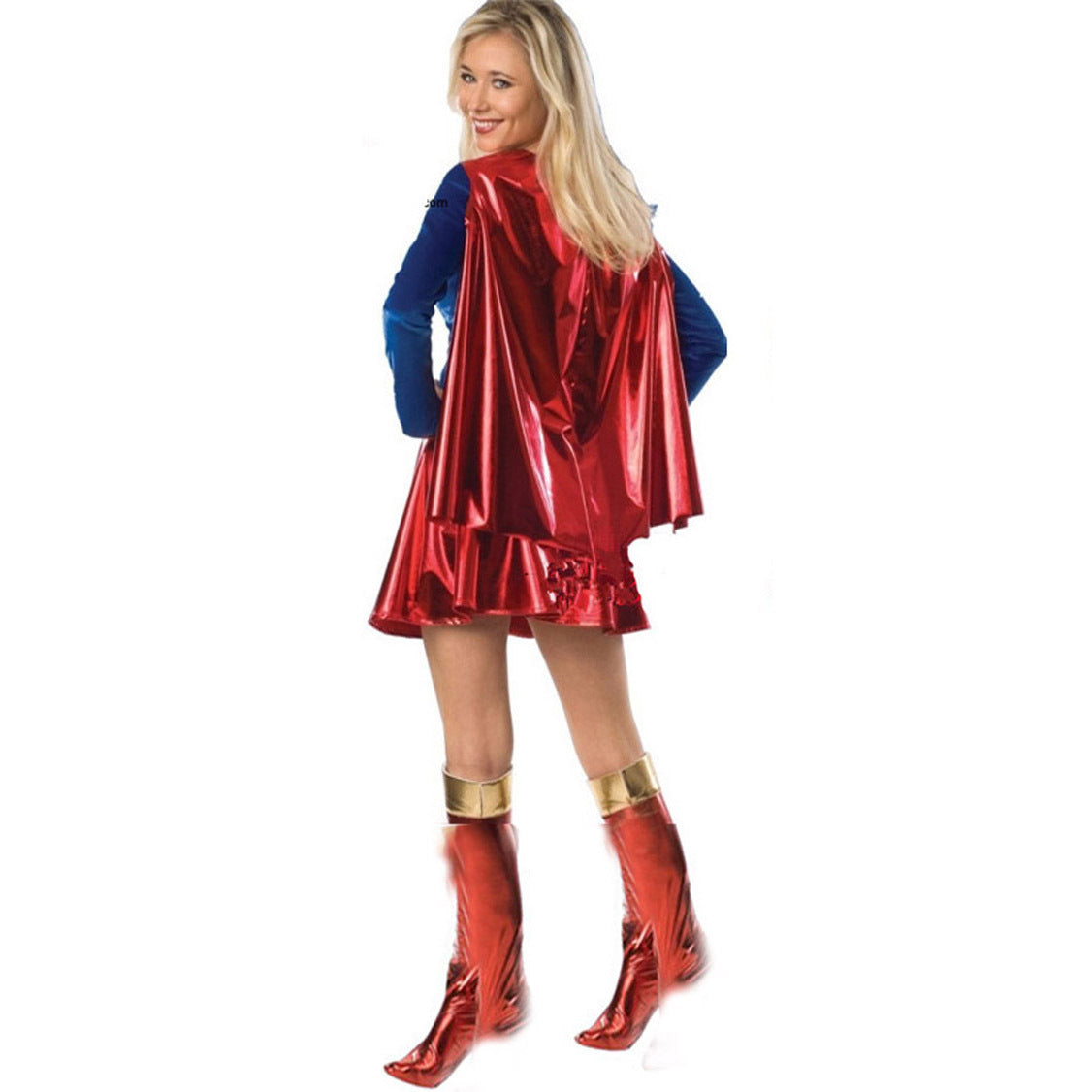 Supergirl Halloween Costume – Blue Top, Metallic Red Skirt, Cape & Boot Covers | Women's M–2XL