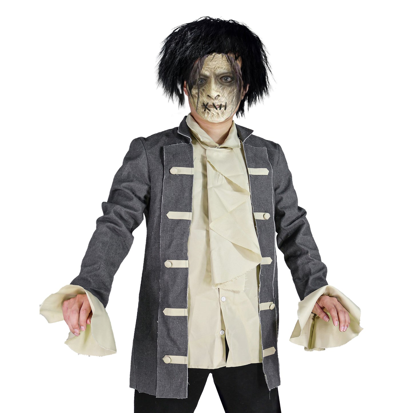 Undertaker Cosplay Costume – Black Butler (Kuroshitsuji) | Dark Grey Tailcoat, Ruffled Bell-Sleeve Shirt & Scarf | Kids & Adults