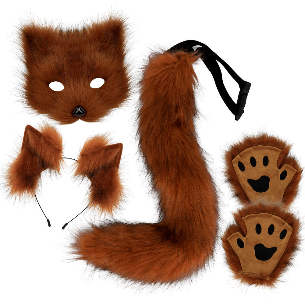 Halloween Plush Fox Mask Set with Faux Fox Ears Headband, Tail, Animal Paws and Cosplay Accessories