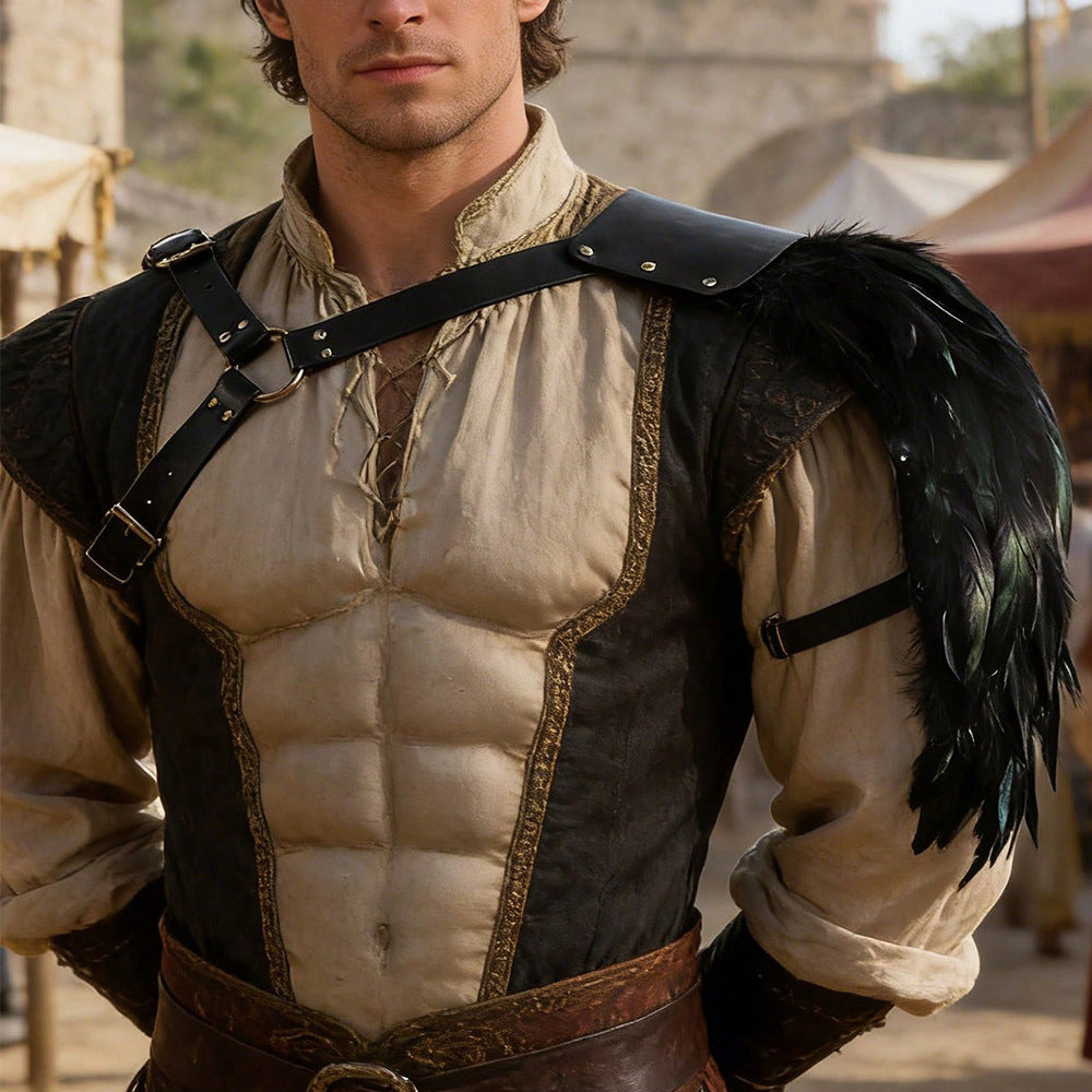 Medieval Viking Men's Feathered Single-Shoulder Armor Strap Cosplay Halloween Costume Prop