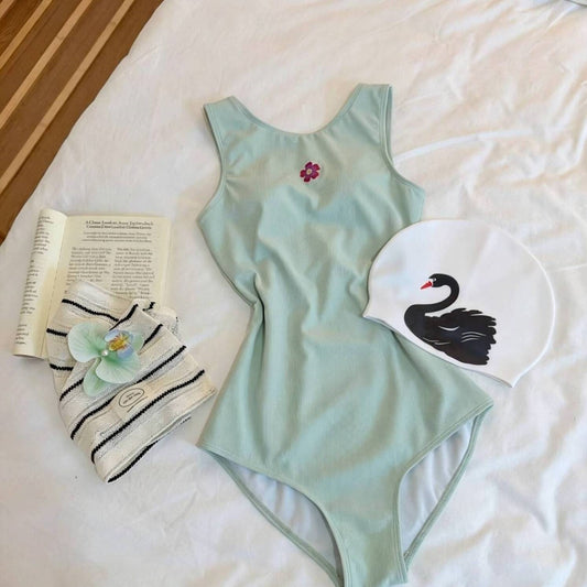 Women's Mint Green One-Piece Swimsuit – Sleeveless Scoop Neck with Flower Detail | M–XL