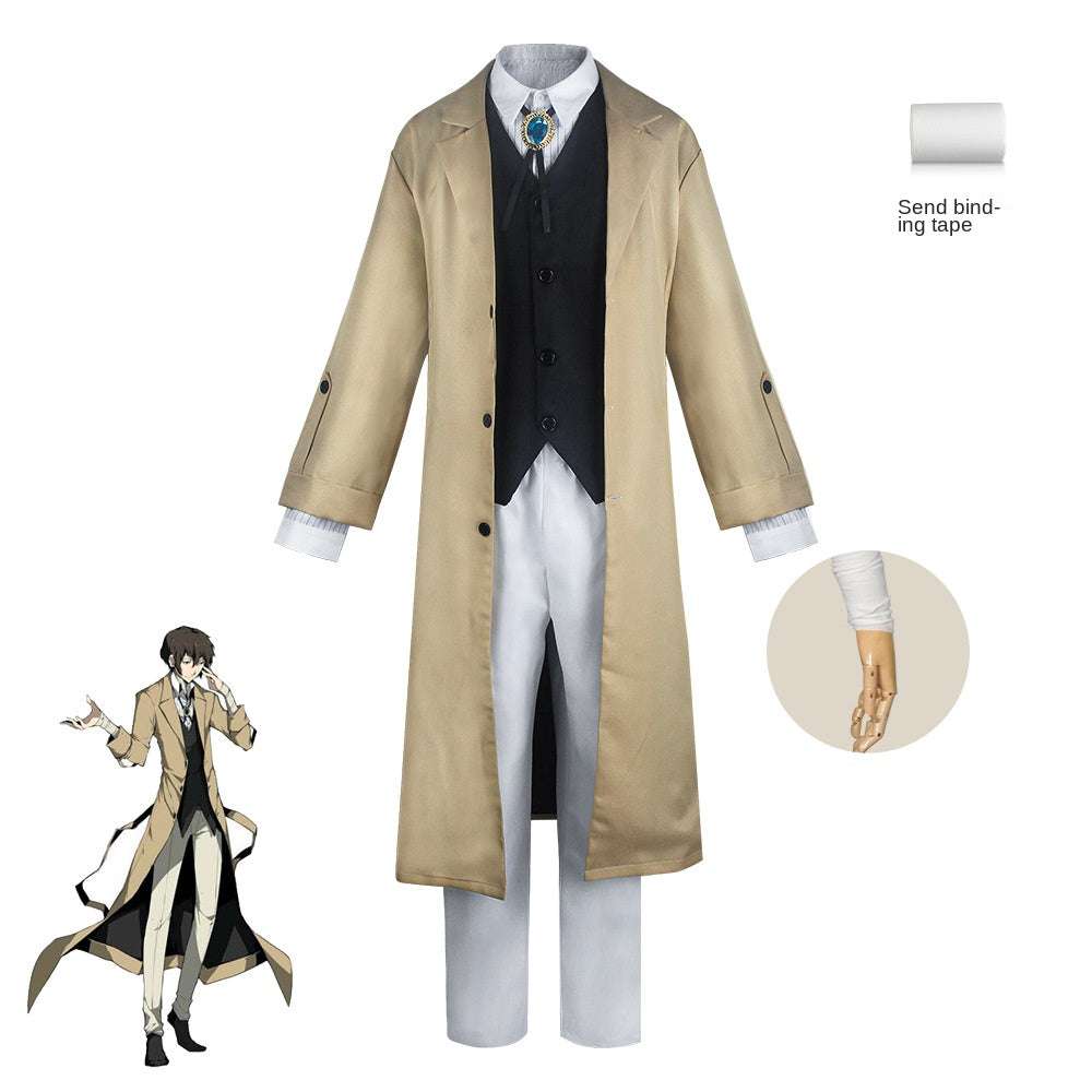 Armed Dazai Osamu Cosplay Costume – Bungo Stray Dogs | Beige Trench Coat, Black Vest, White Shirt, Trousers & Accessories | XS–3XL
