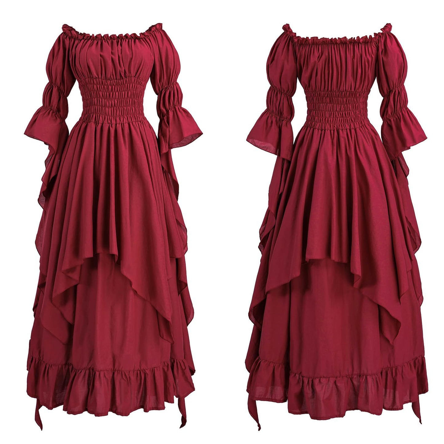 Medieval Renaissance Peasant Dress – Off-Shoulder Smocked Waist Hi-Lo Ruffle Gown | 9 Colors