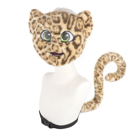 Halloween Realistic Leopard Print Mask with Faux Fur Tail, Full Face Cover, Leopard Cat Cosplay Costume Accessory for Stage Performance