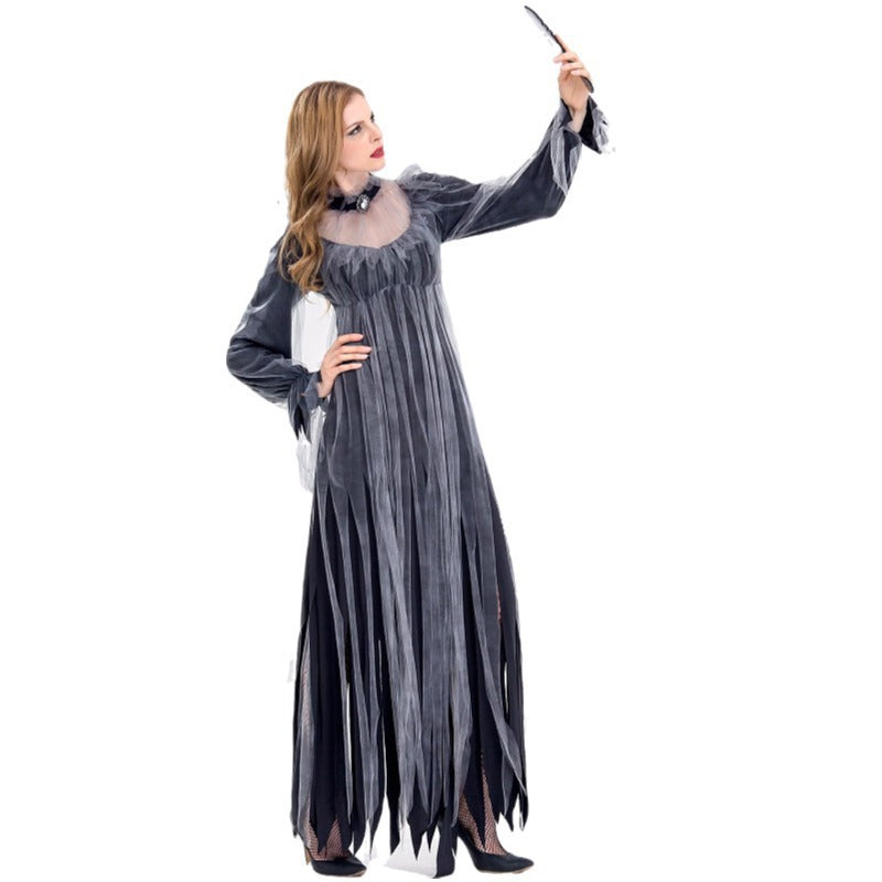 Women's Ghost Bride Halloween Gown – Dark Grey Tattered Mesh Dress with Sheer Sleeves & Jewelled Choker | S–2XL