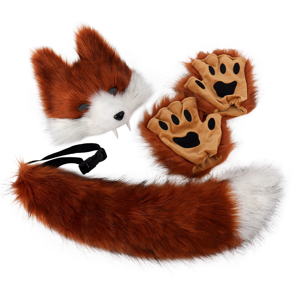 Halloween Realistic Wolf Tooth Mask 3D Set Cosplay Lone Wolf Plush Animal Tail Party Costume Accessory
