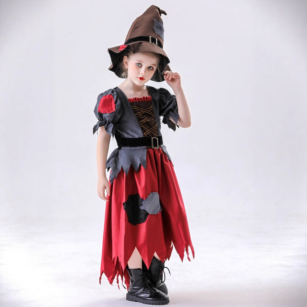 Girls' Ragged Witch Halloween Costume Set – Grey & Red Patchwork Dress with Jagged Hem & Witch Hat | Heights 120–150 cm