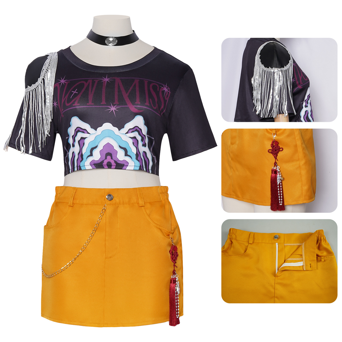 Mira Cosplay Costume – Witch Hunt | Black Graphic Crop Top, Yellow Mini Skirt, Choker, Fringe & Printed Tights | Kids & Adults