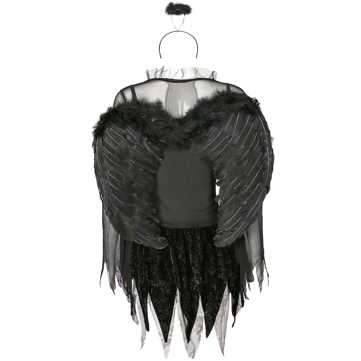 Dark Fallen Angel Halloween Costume – Lace Dress, Wings & Halo | Black or White