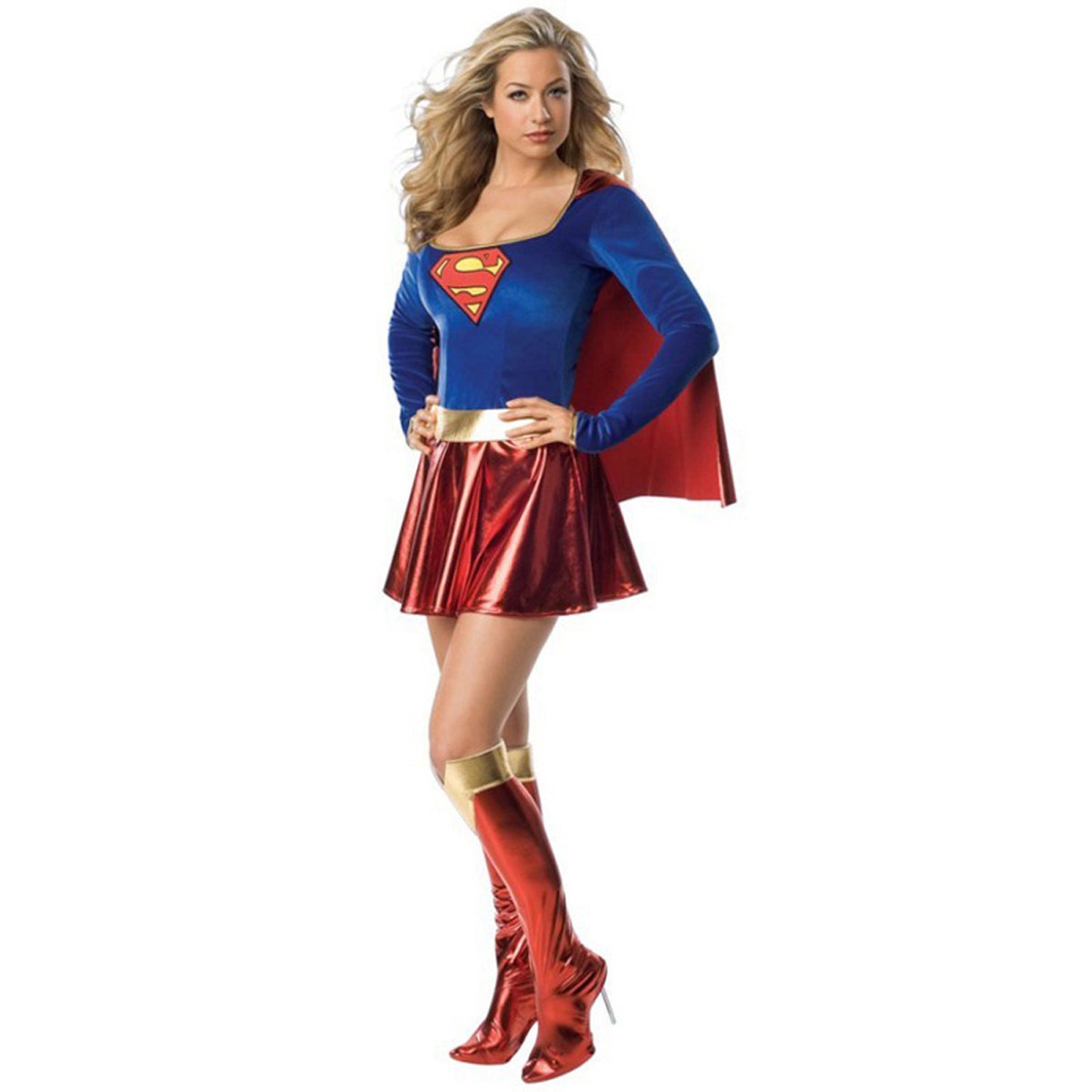 Supergirl Halloween Costume – Blue Top, Metallic Red Skirt, Cape & Boot Covers | Women's M–2XL