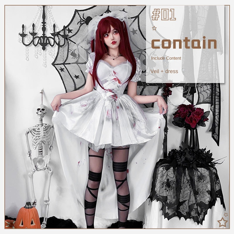 Gothic Zombie Bride Halloween Costume | Blood Splatter Dress & Veil Set | Women's