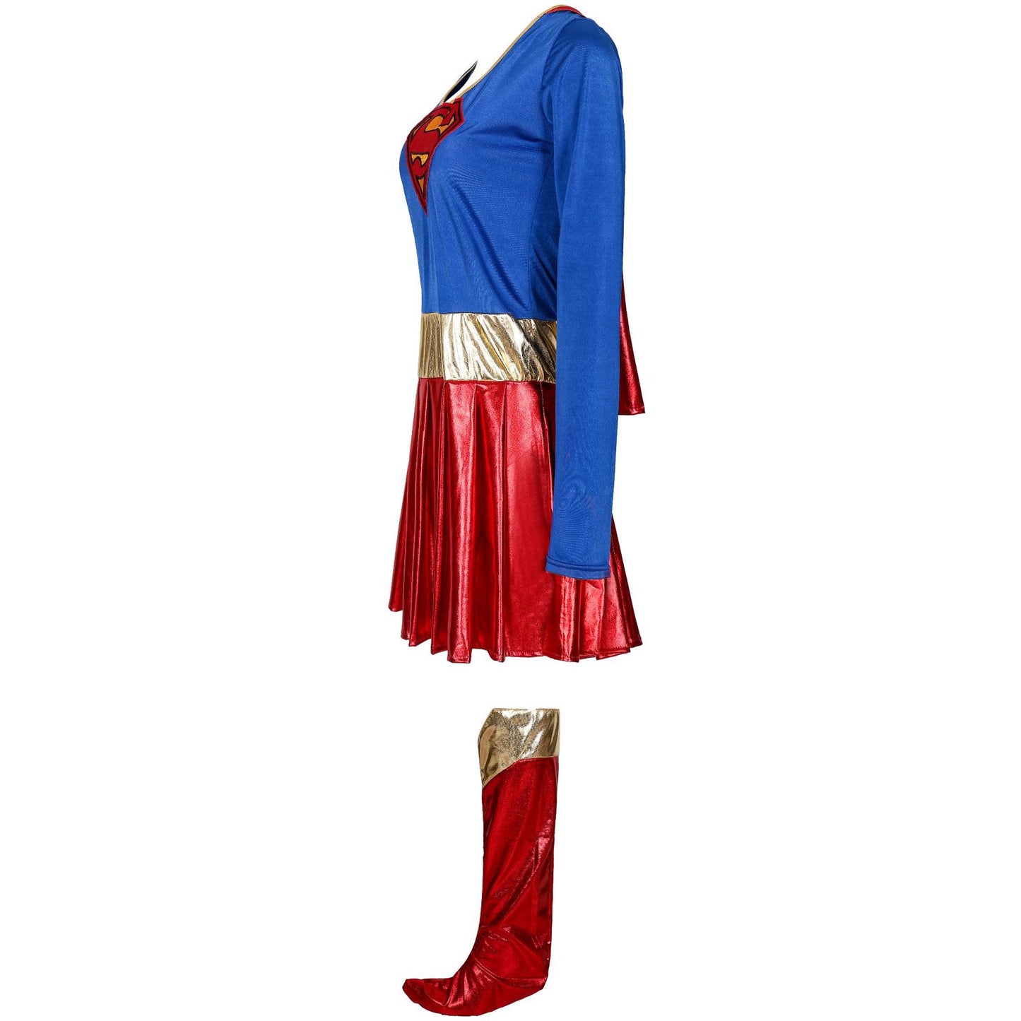 Supergirl Halloween Costume – Blue Top, Metallic Red Skirt, Cape & Boot Covers | Women's M–2XL