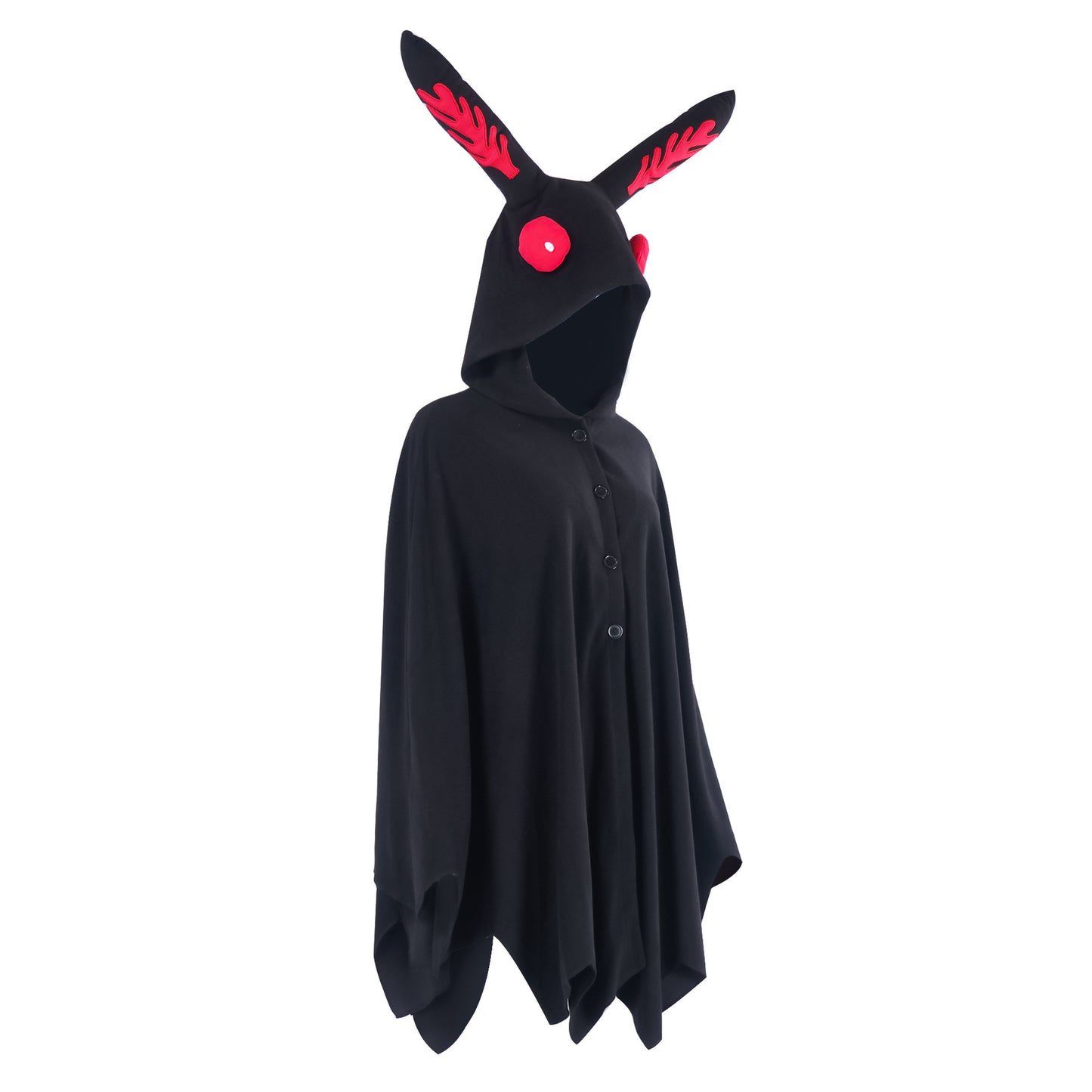Mothman Cosplay Cape Costume – Black Hooded Cape with Red Glowing Eyes & Moth Wings Hood | S–M to 2XL–3XL