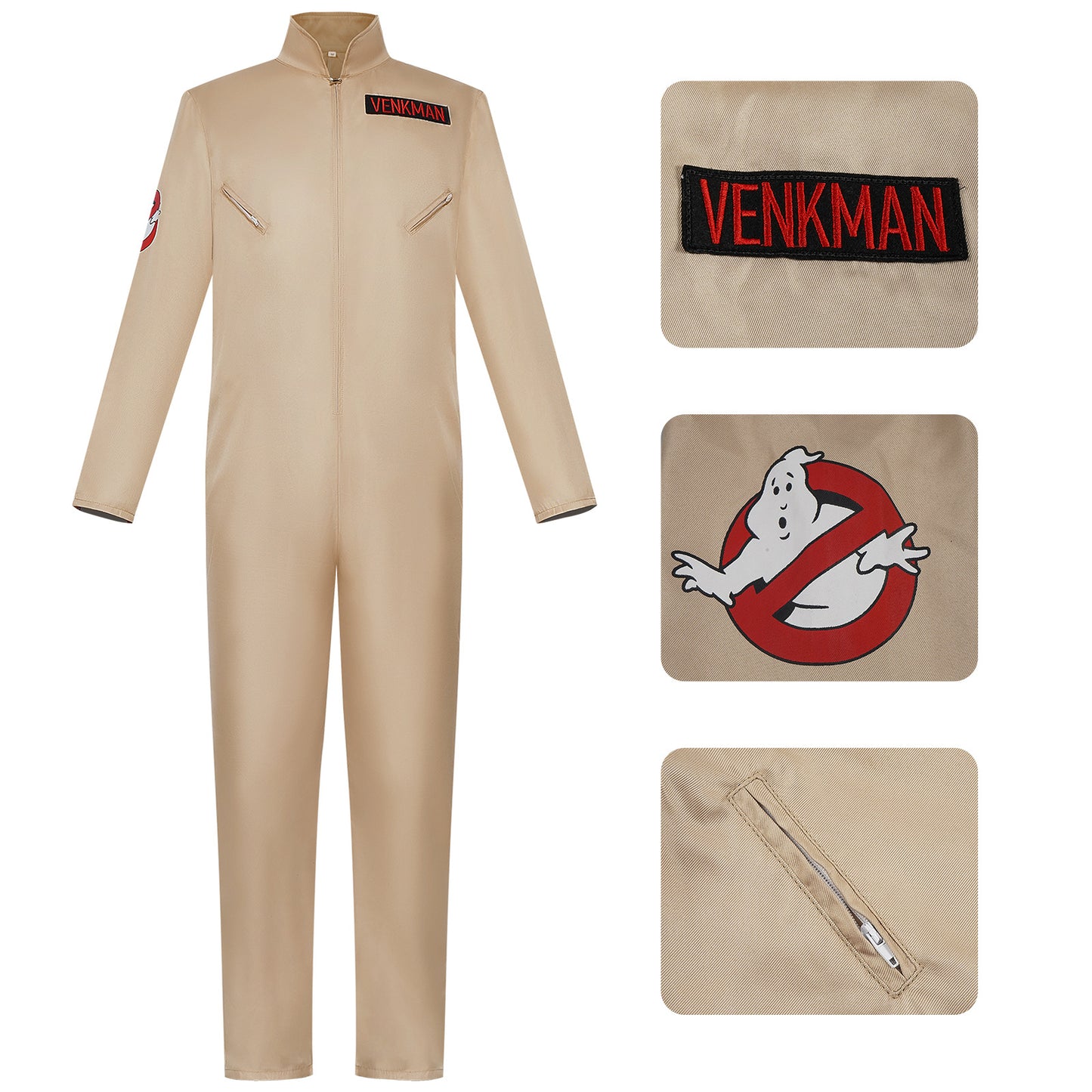 Ghostbusters Venkman Cosplay Jumpsuit – Beige Zip Jumpsuit with Name Patch & Ghost Logo | Adults & Kids