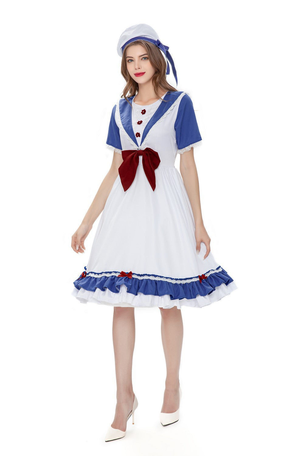 Women's Alice in Wonderland Lolita Cosplay Dress Set – White & Blue Sailor Collar Midi Dress with Ruffle Hem & Beret Hat | S–XL