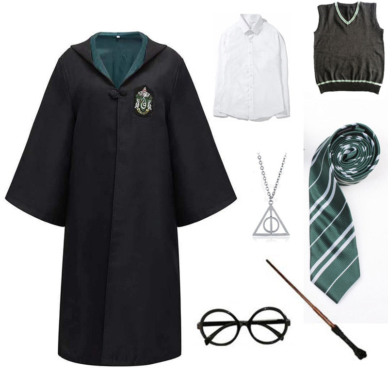Slytherin Halloween Cosplay Costume  Adult Cloak Robe Tie Scarf Magic Wand Children Suits Cosplay Clothes Accessories