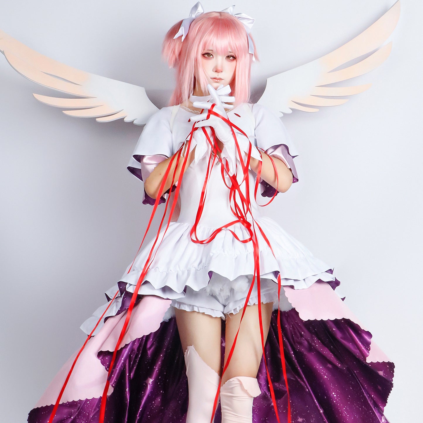 Madoka Kaname Goddess Cosplay Costume – Puella Magi Madoka Magica | White & Purple Ruffle Dress with Angel Wings | XS–3XL