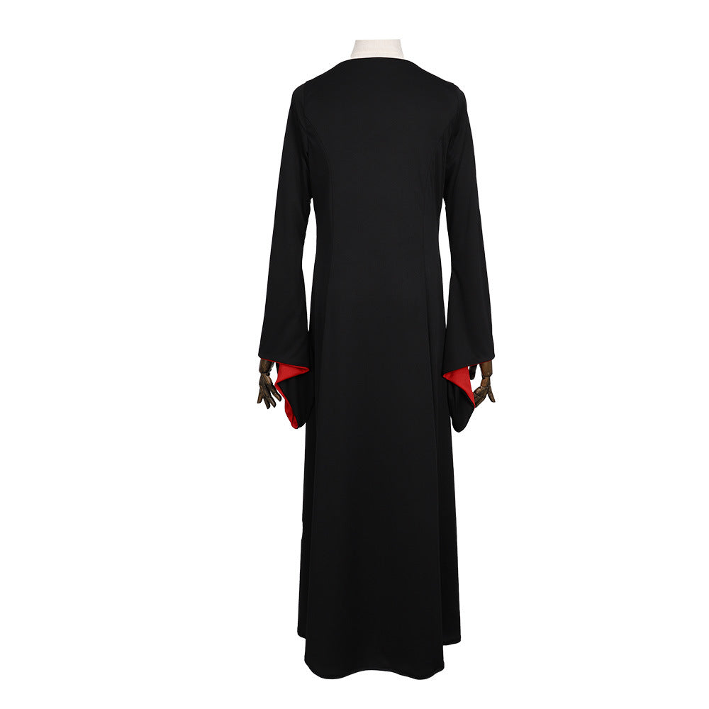 Morticia Addams Cosplay Gown – The Addams Family | Black Floor-Length Dress with Red-Lined Bell Sleeves | S–2XL