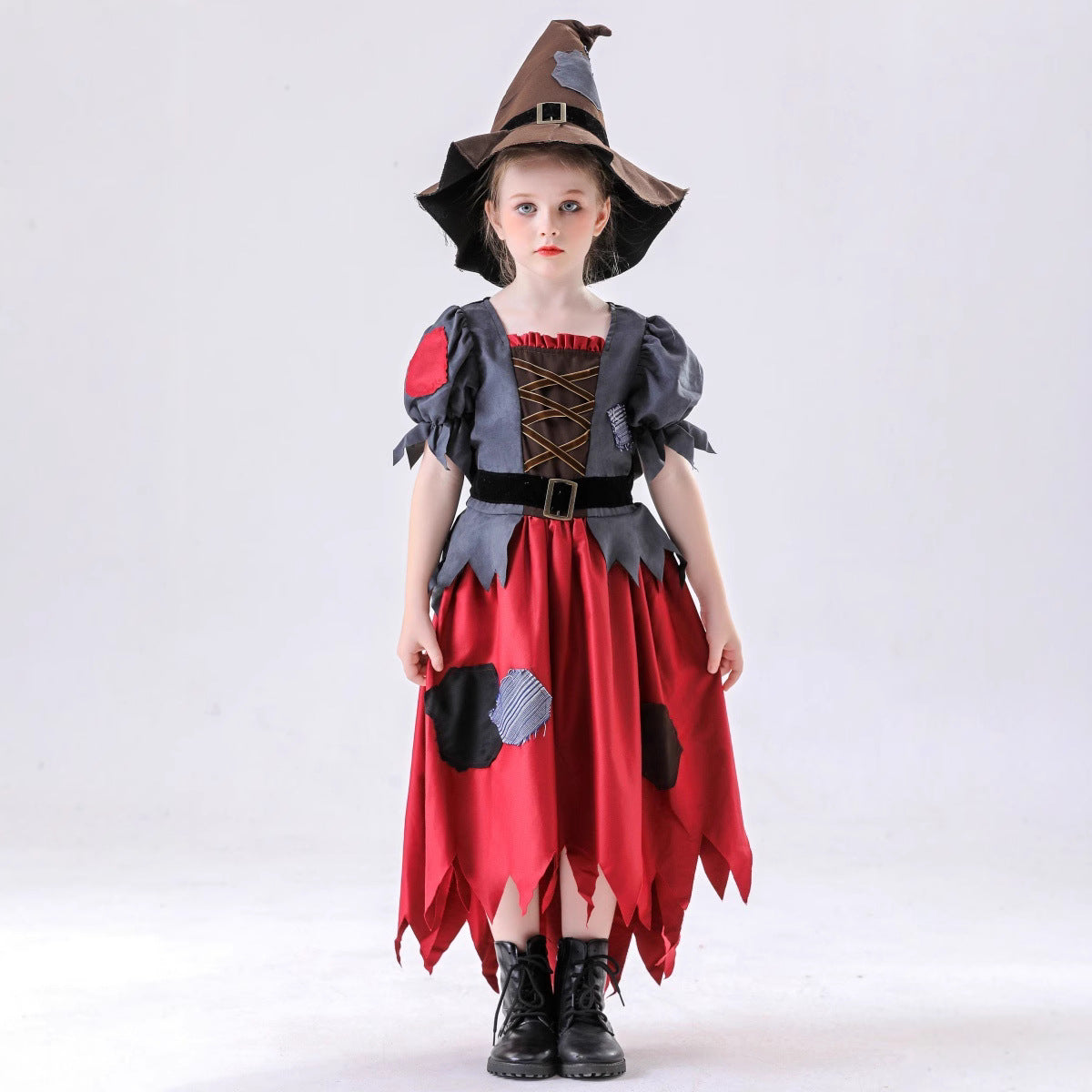 Girls' Ragged Witch Halloween Costume Set – Grey & Red Patchwork Dress with Jagged Hem & Witch Hat | Heights 120–150 cm