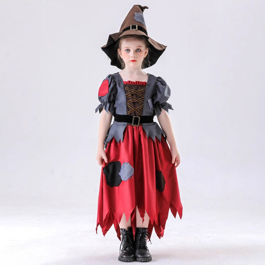 Girls' Ragged Witch Halloween Costume Set – Grey & Red Patchwork Dress with Jagged Hem & Witch Hat | Heights 120–150 cm