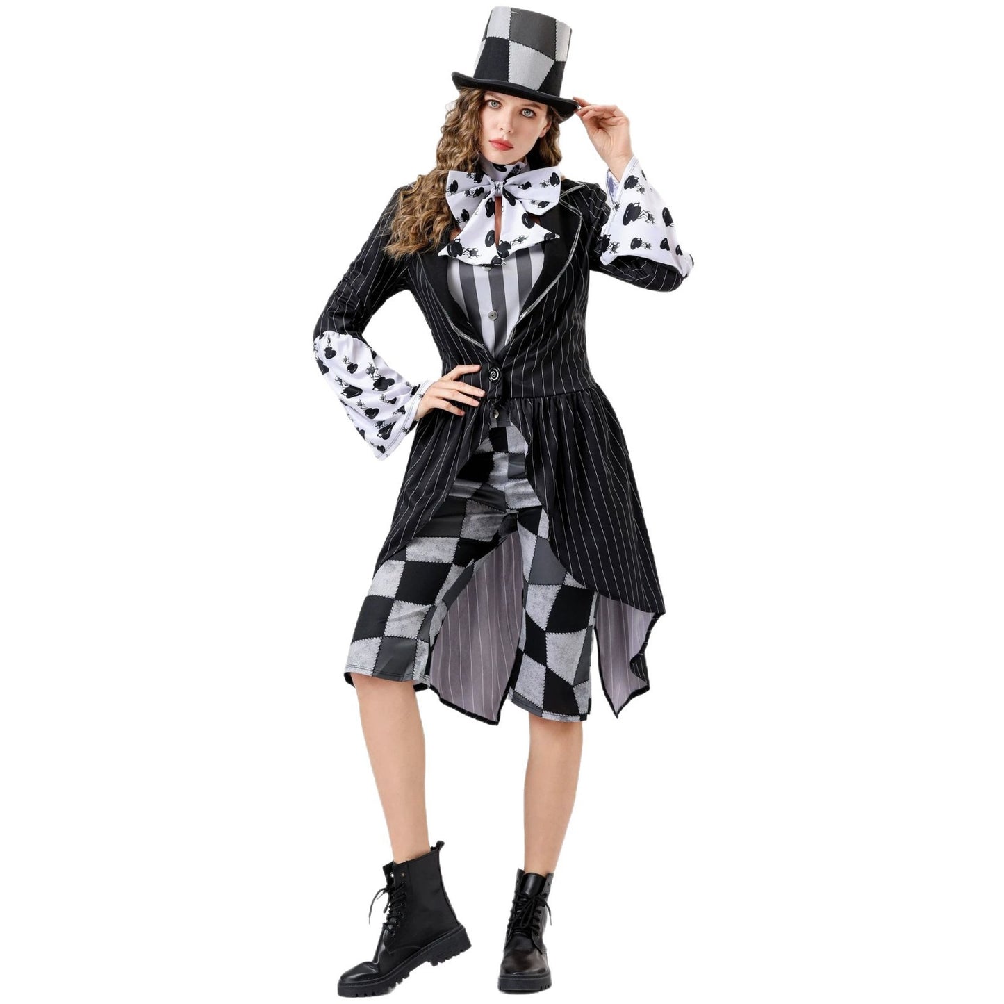 Halloween Alice Mad Hatter Cosplay Costume Plaid Dress Set Stage Theater Performance Outfit