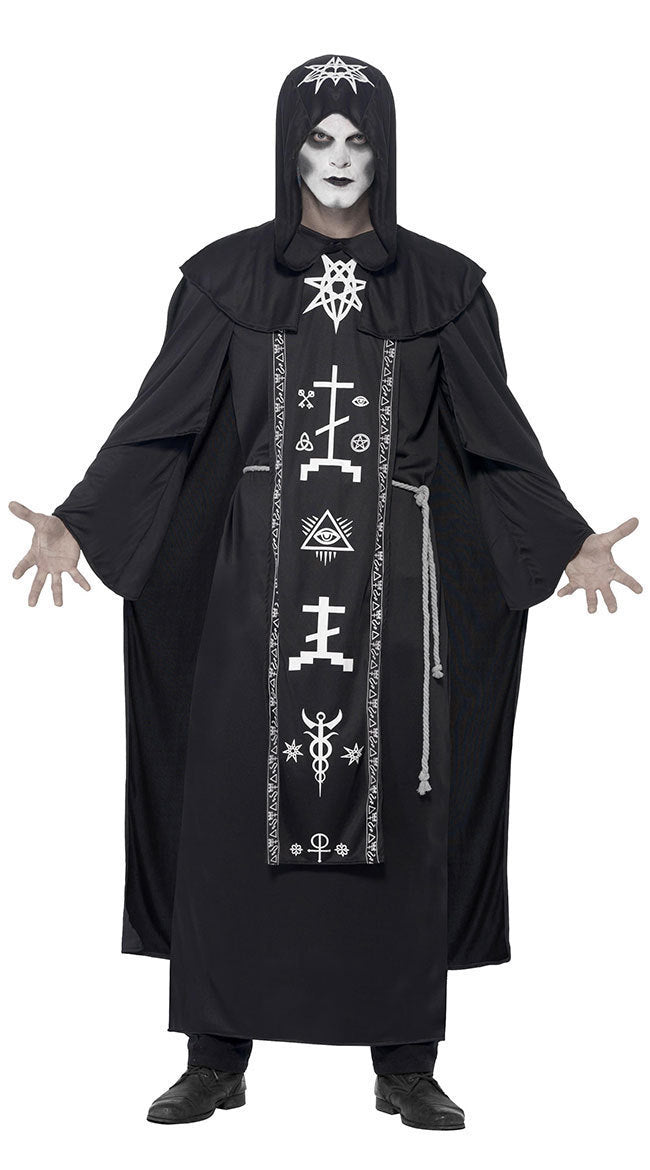 Dark Occult Ritual Robe Halloween Costume – Couples His & Hers Hooded Robe with Arcane Symbol Stole | M–XL