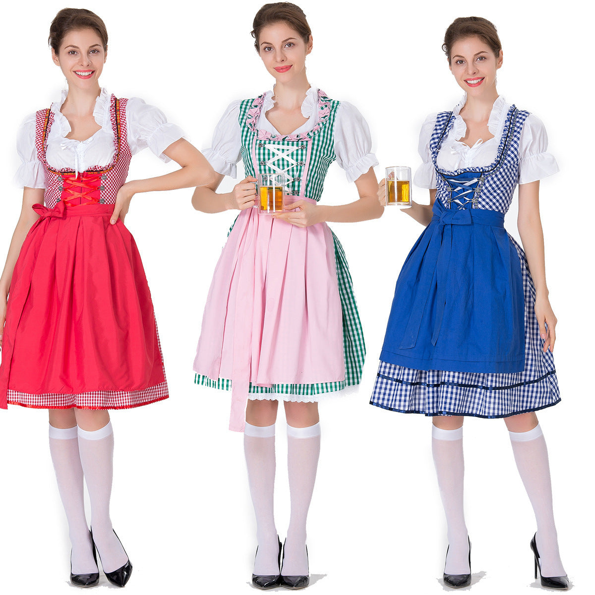 Women's German Oktoberfest Dirndl Costume – Plaid Dress, White Blouse & Apron | 3 Colors | S–3XL