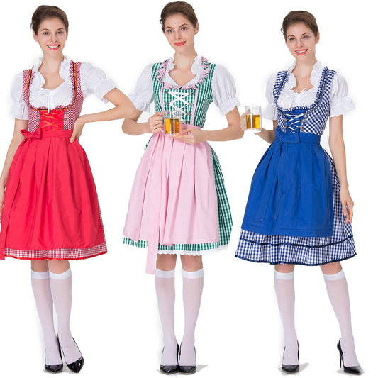 Women's German Oktoberfest Dirndl Costume – Plaid Dress, White Blouse & Apron | 3 Colors | S–3XL