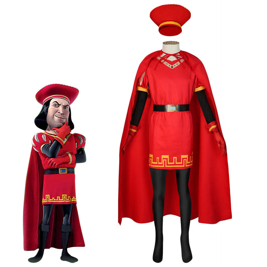 Lord Farquaad Cosplay Costume – Shrek | Red Tunic, Floor-Length Cape, Gold Belt, Arm Guards & Hat | Kids & Adults