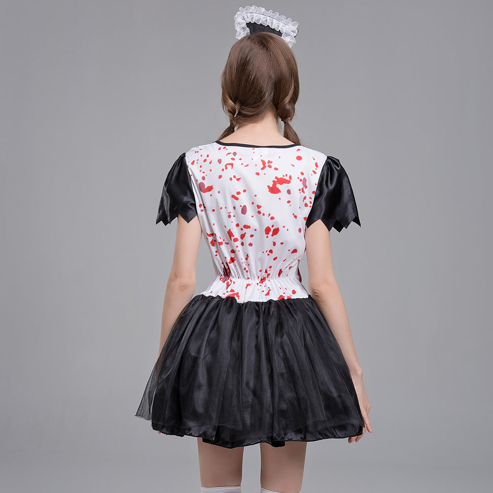 Women's Zombie Maid Halloween Costume – Black Maid Dress with Blood Splatter Apron, Tulle Skirt & Headband | M–XL
