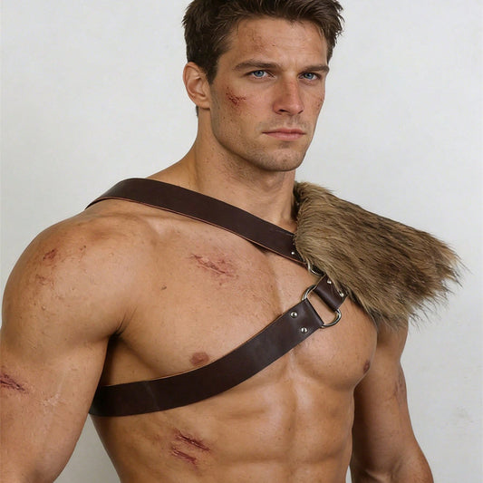 Medieval Viking Men's Feathered Single-Shoulder Armor Strap Cosplay Halloween Costume Prop