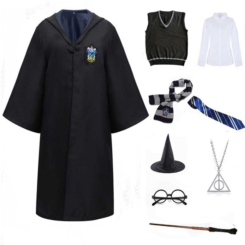 Slytherin Halloween Cosplay Costume  Adult Cloak Robe Tie Scarf Magic Wand Children Suits Cosplay Clothes Accessories