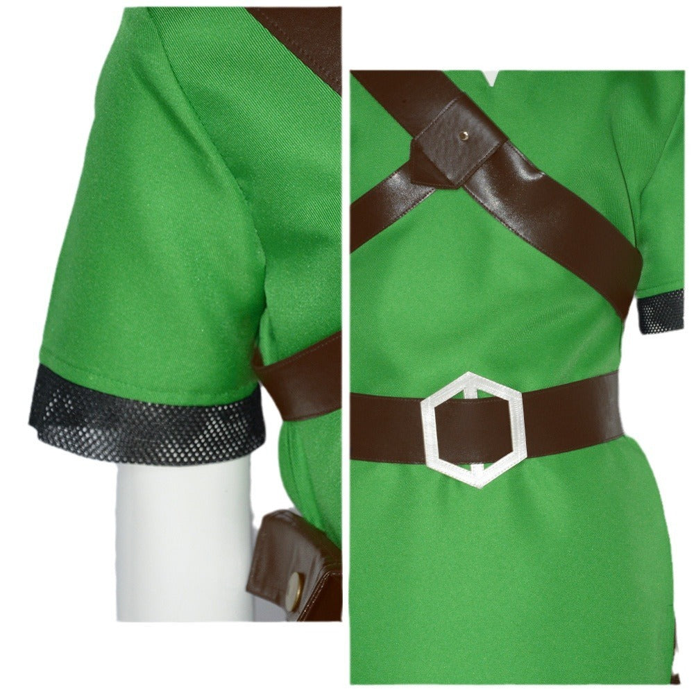 Link Cosplay Costume – The Legend of Zelda: Skyward Sword | Green Tunic, Tan Trousers, Brown Leather Strap, Belt & Elf Hat | XS–3XL