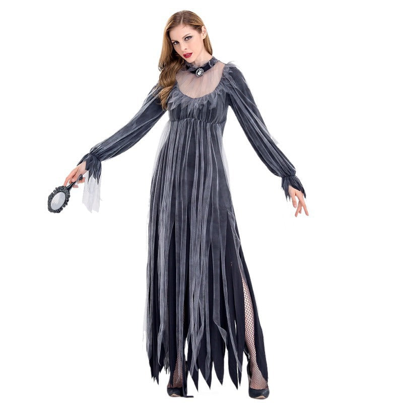 Women's Ghost Bride Halloween Gown – Dark Grey Tattered Mesh Dress with Sheer Sleeves & Jewelled Choker | S–2XL