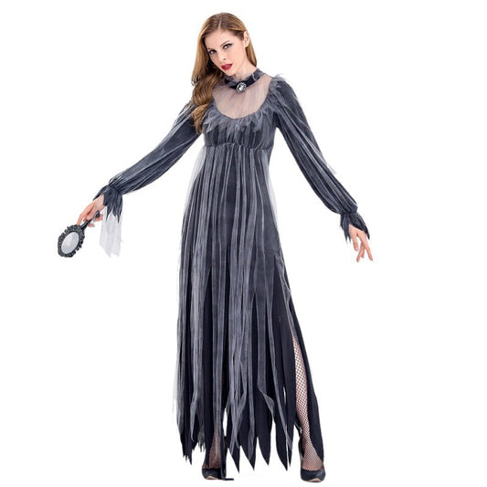 Women's Ghost Bride Halloween Gown – Dark Grey Tattered Mesh Dress with Sheer Sleeves & Jewelled Choker | S–2XL