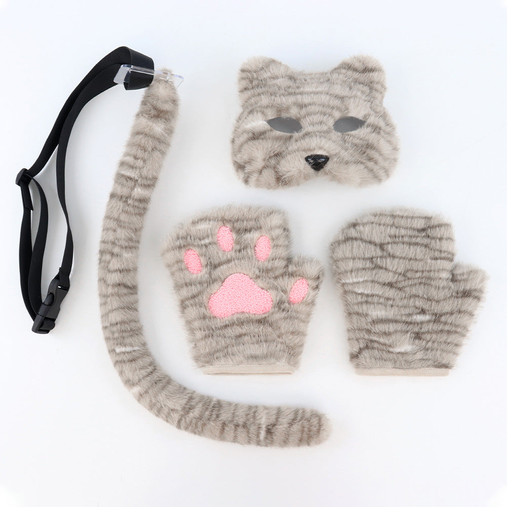 Halloween Plush Cat Mask, Tail and Gloves Set - Handmade Cosplay Costume Accessories for Parties