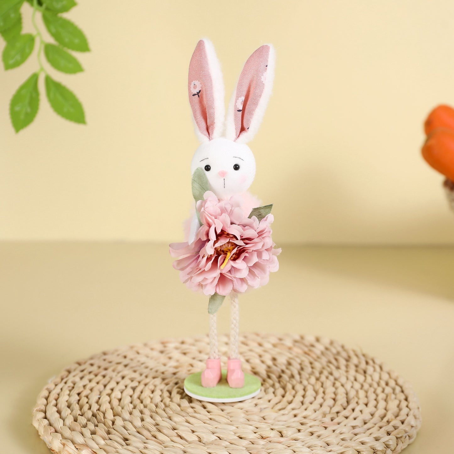 Rabbit Standing Easter Decorative Figurine for Living Room Fireplace, Kids Gift with Flower Decoration for Party