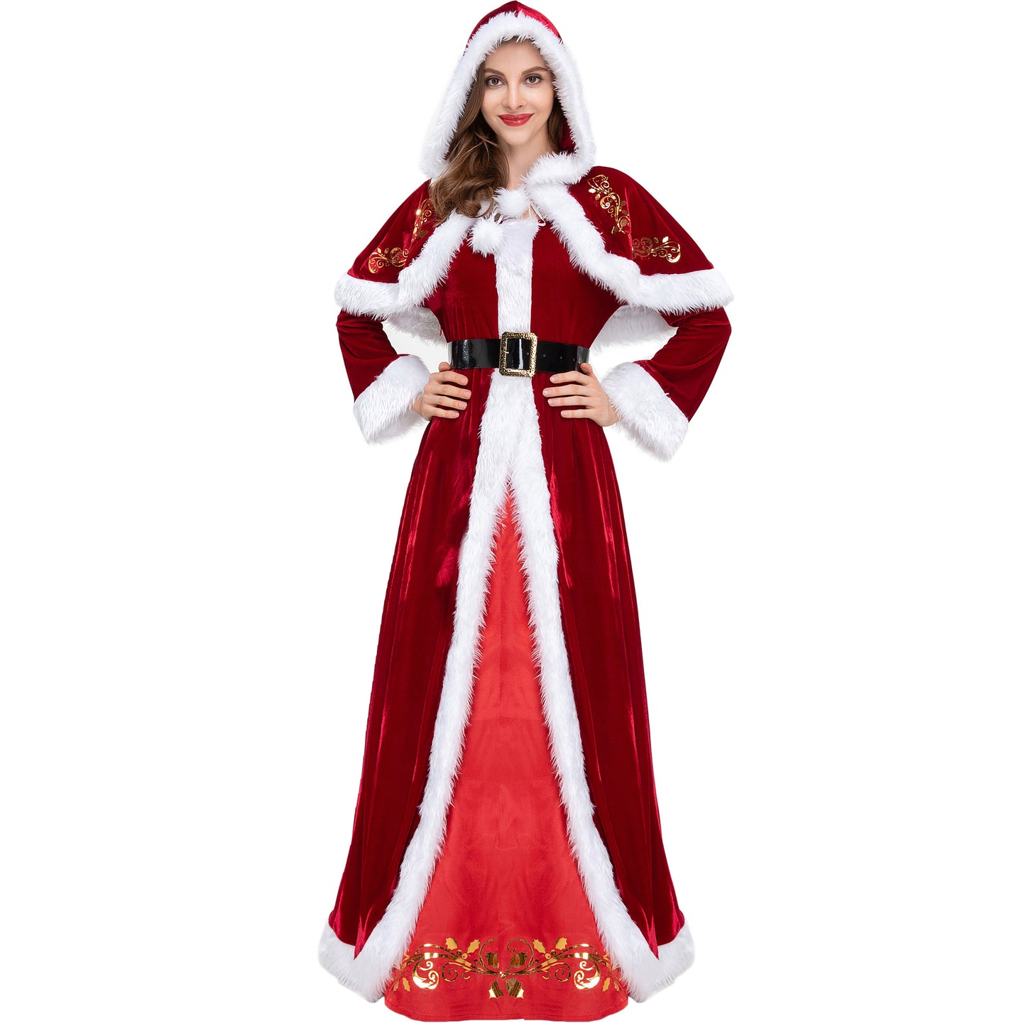Mrs. Claus Christmas Queen Costume – Red Velvet Maxi Dress with Hooded Cape & Belt | M–2XL