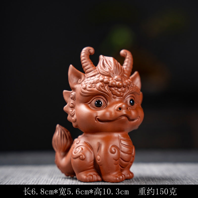 Purple Sand Wealth-Bringing Collectible Dual-Use Tea Table with Playful Zodiac Little Dragon Tea Pet Ornament