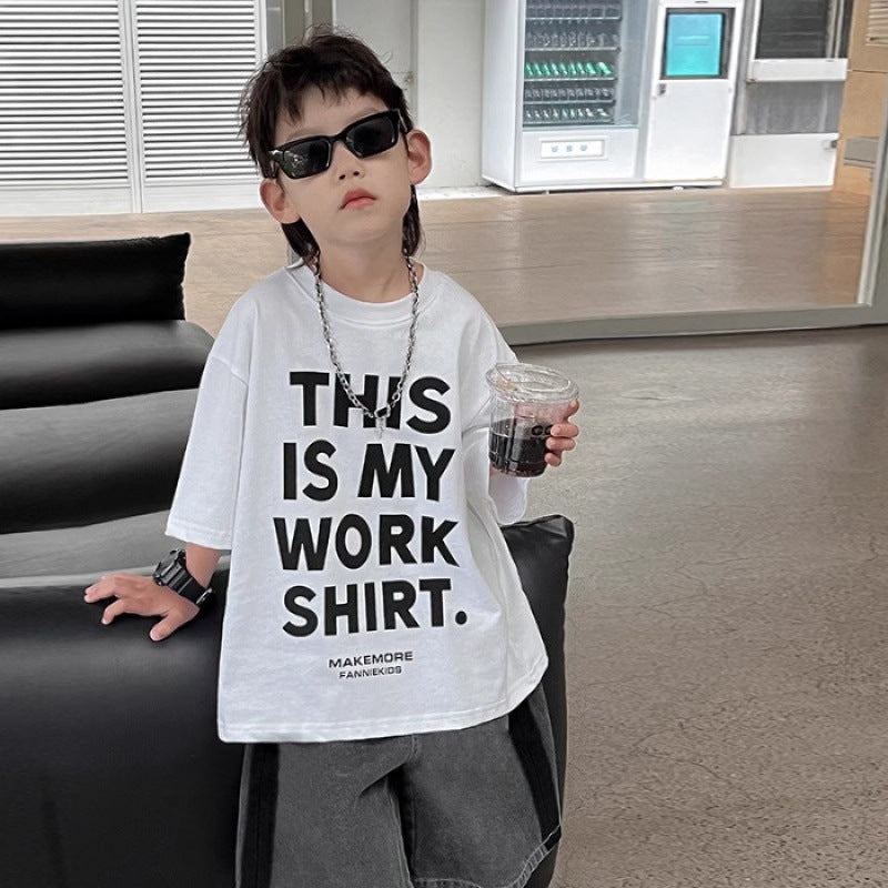 Casual Boy's Short Sleeve Lightweight Letter Print Black Cool Kids Stylish Children's Top