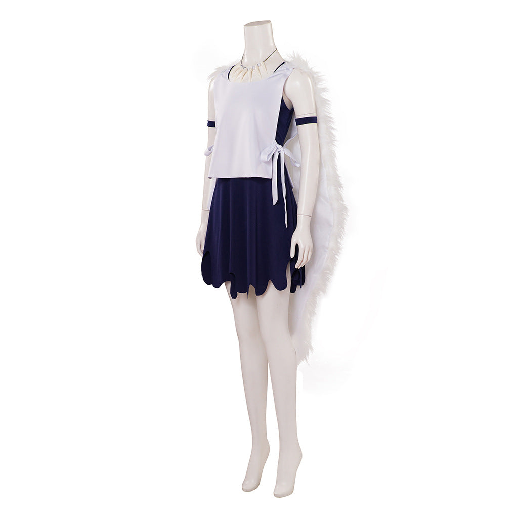 Ghost Princess Anime Cosplay Dress Set – White Crop Top, Navy Jagged Skirt, Feather Wing Sleeves & Choker | XS–3XL