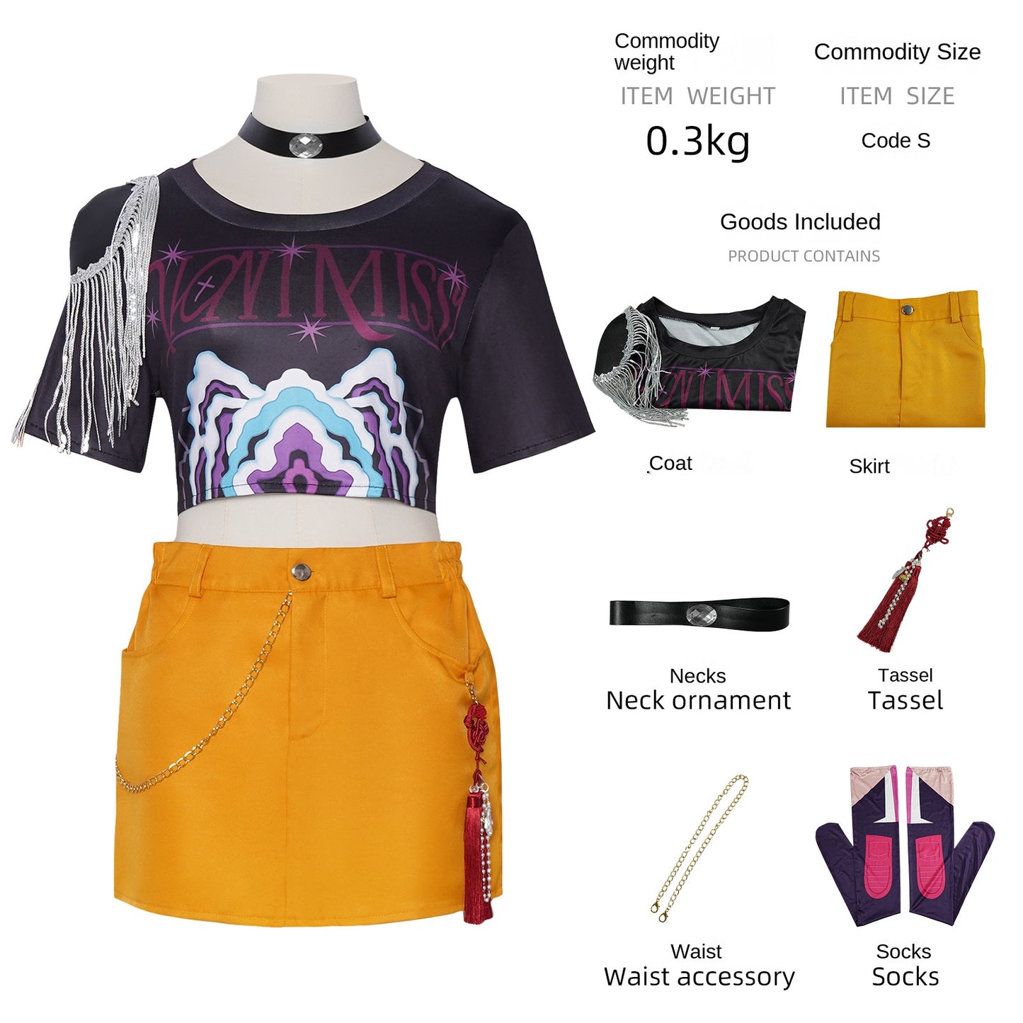 Mira Cosplay Costume – Witch Hunt | Black Graphic Crop Top, Yellow Mini Skirt, Choker, Fringe & Printed Tights | Kids & Adults