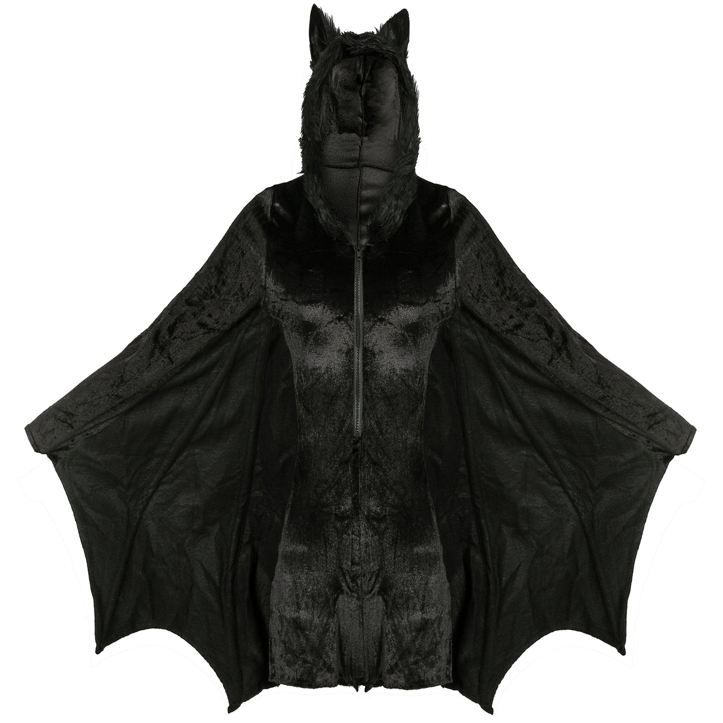 Women's Bat Halloween Costume – Batwing Zip Coat with Faux Fur Ear Hood | M–4XL