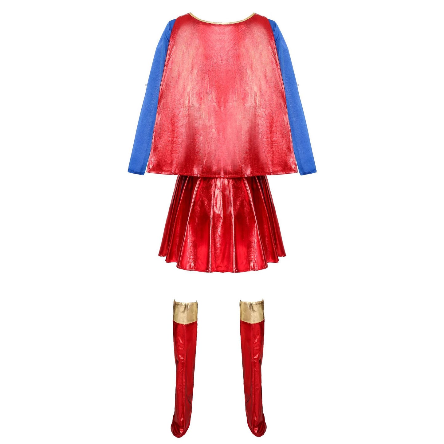 Supergirl Halloween Costume – Blue Top, Metallic Red Skirt, Cape & Boot Covers | Women's M–2XL