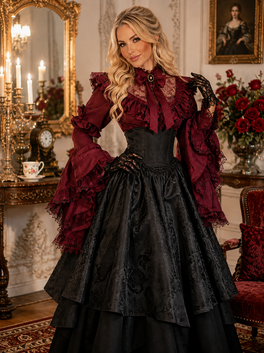 Halloween Gothic Lolita Two-Piece Set – Princess Sleeve Shirt & Corset Skirt (S–XL)