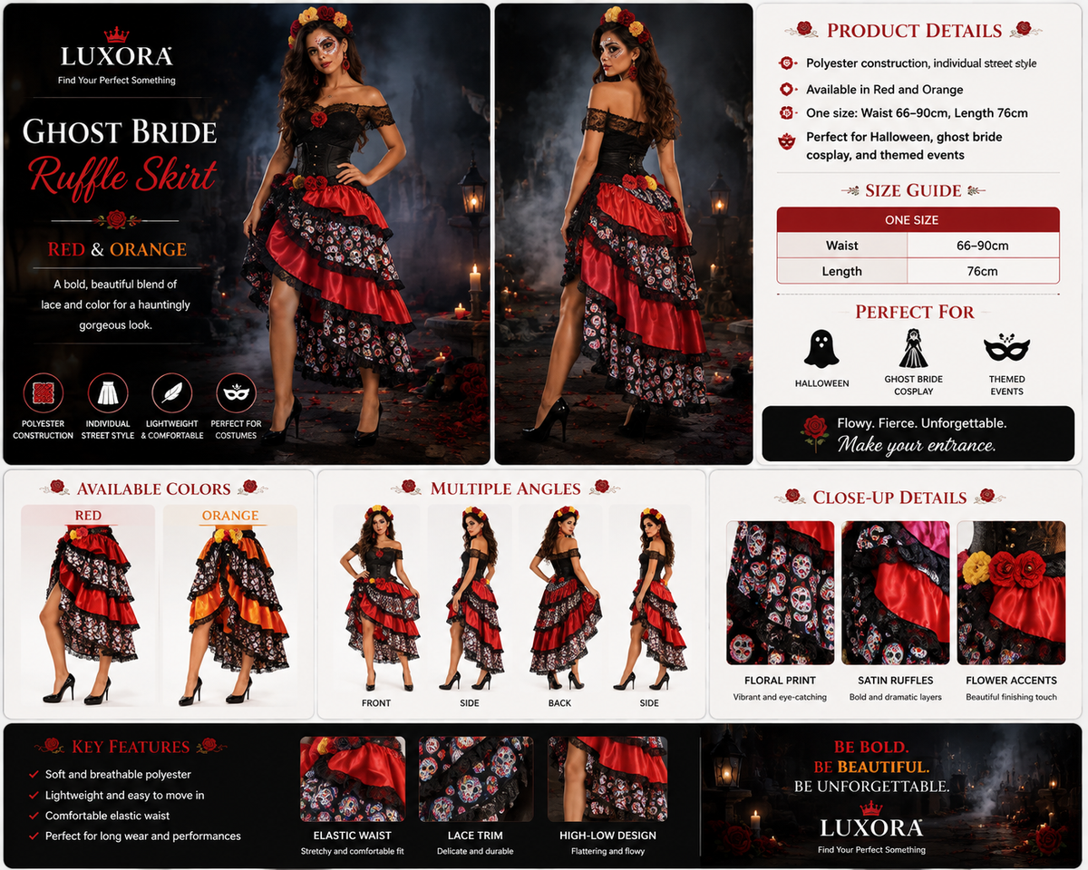 Ghost Bride Skull Ruffle Skirt – Women's Halloween Layered Midi Costume Skirt