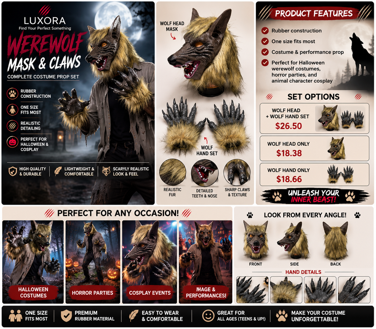 Halloween Wolf Head Mask & Claw Gloves – Full Rubber Horror Costume Props (Sold Separately or as Set)